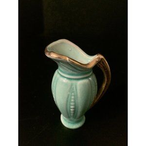 Vtg Miniature Ceramic Pitcher Creamer Teal Beaded Gold Gild Trim
